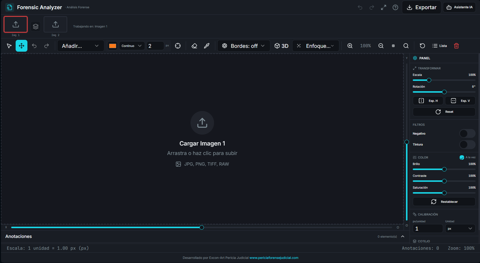 Captura de Forensic Analyzer mostrando el panel de análisis pericial